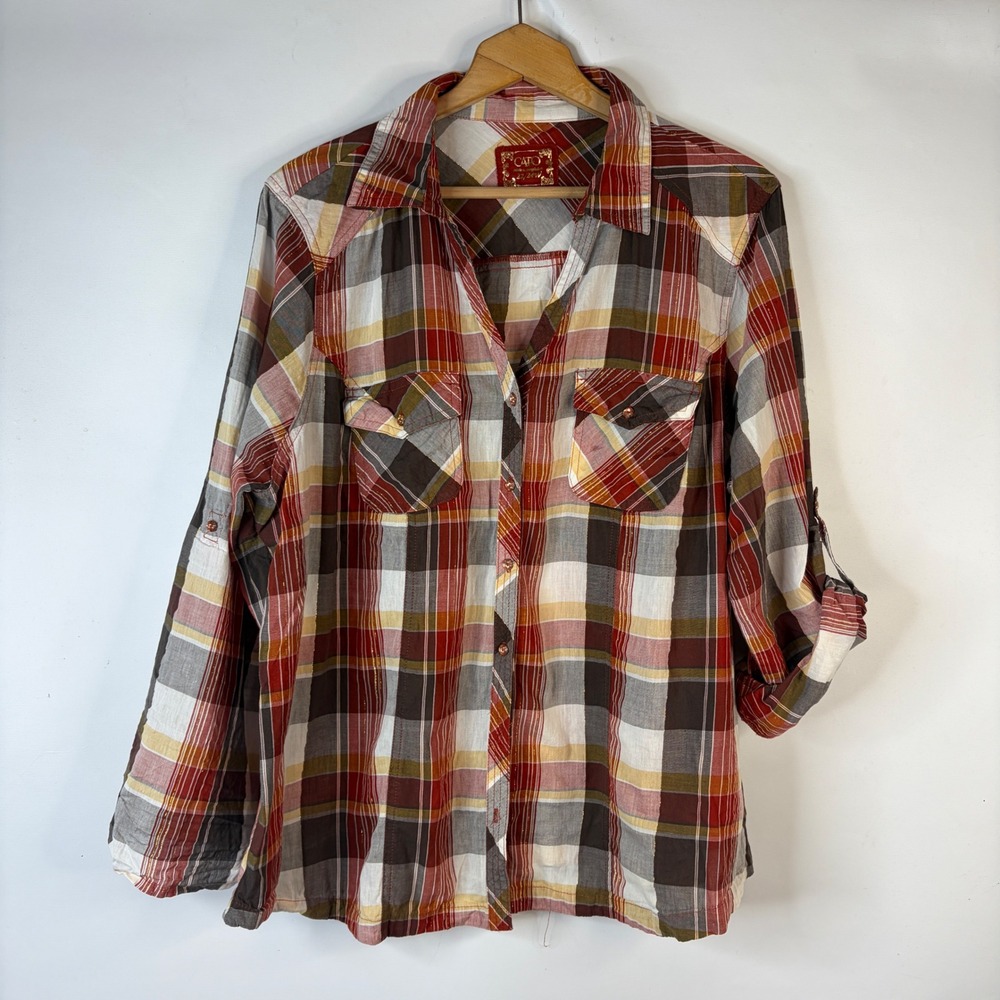 Cato Button Down Women 22/24W Red Plaid Metallic Roll Tab Sleeve Shirt